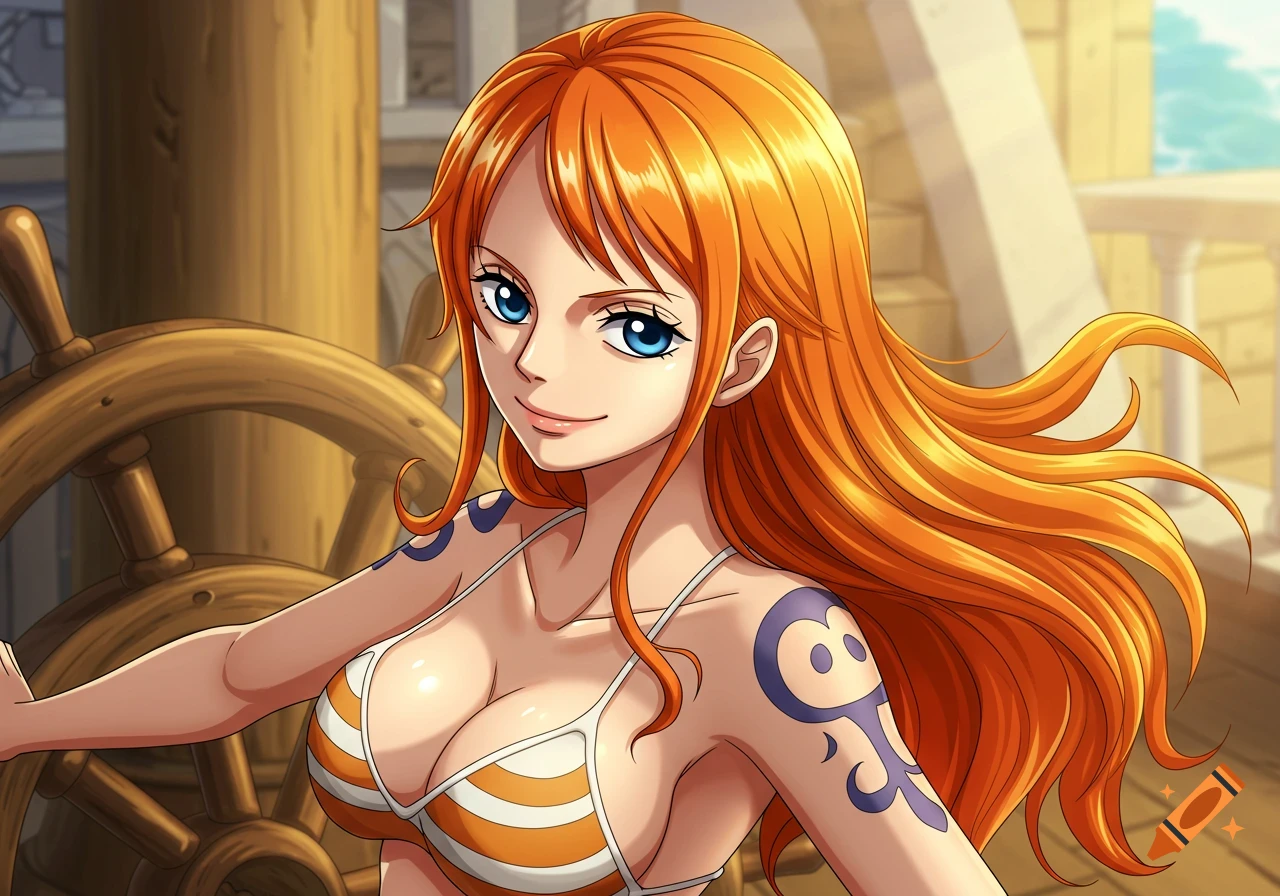 Anime character Nami in a bikini by a ship's wheel