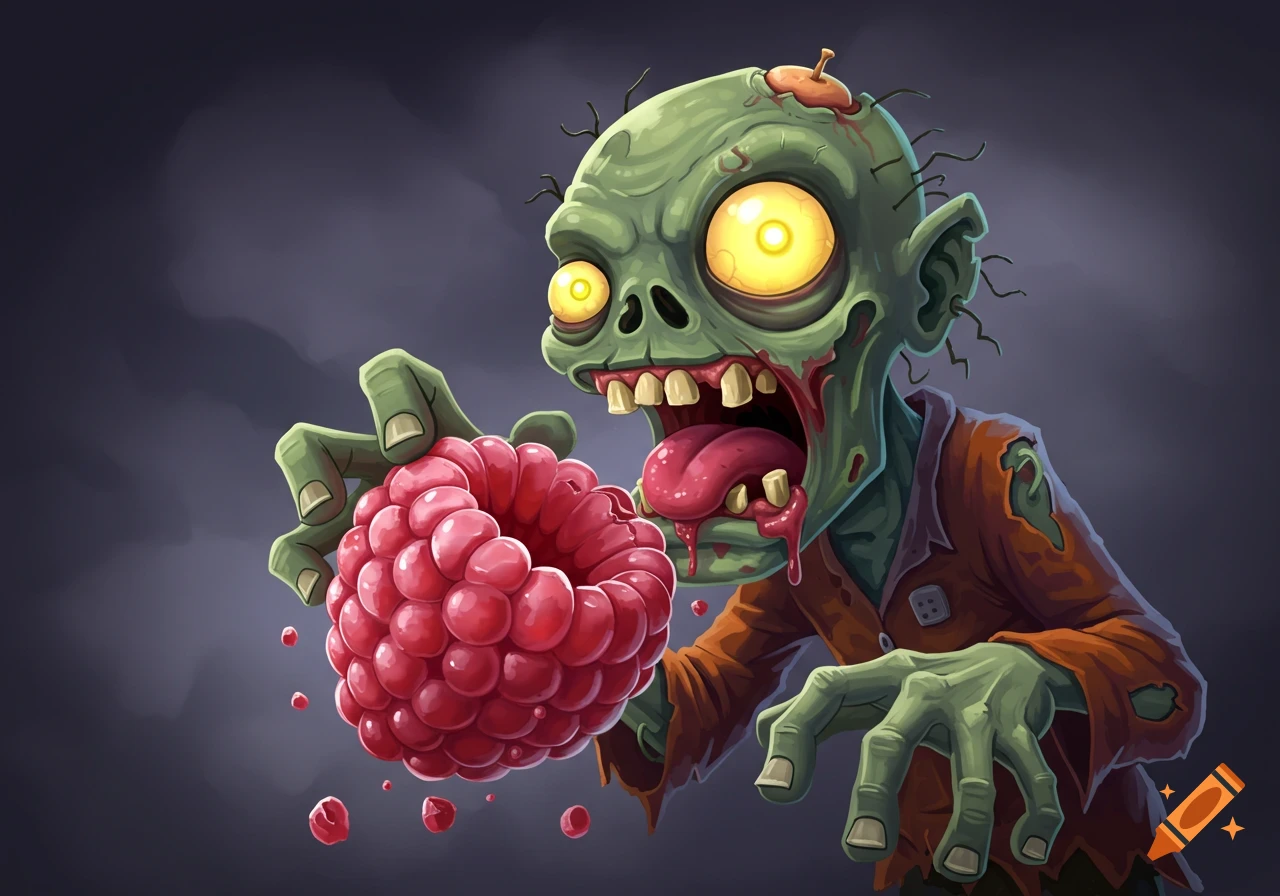 A cartoon zombie eats a large raspberry.
