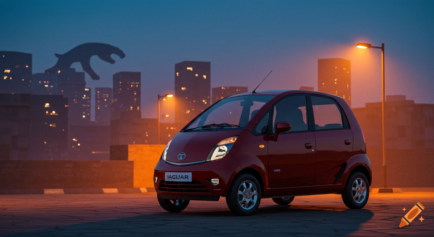 A red Tata Nano car is parked in a city at dusk. Orange streetlights illuminate the scene, and a faint jaguar silhouette is visible in the background.