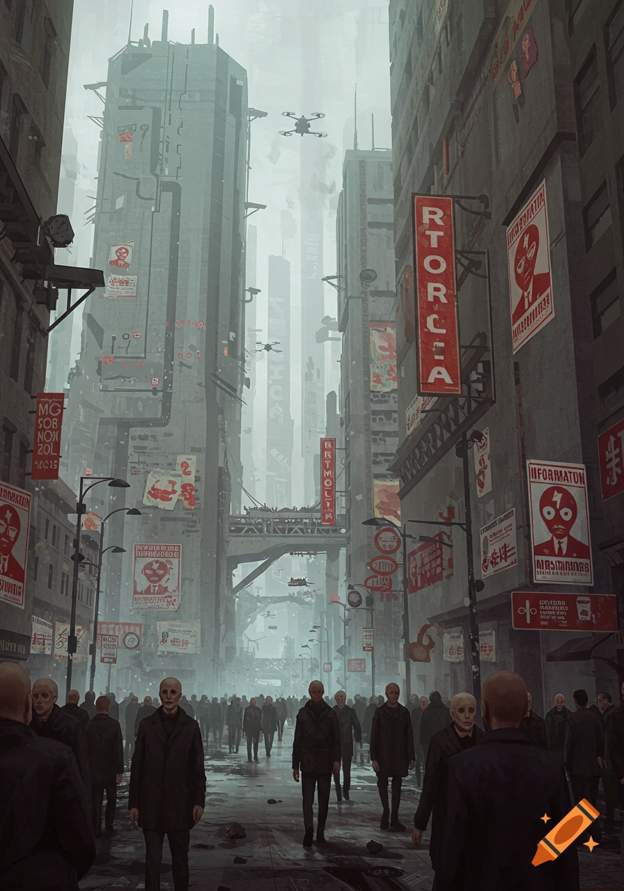 A dystopian city street filled with crowds of people and tall, grey buildings covered in red signs.
