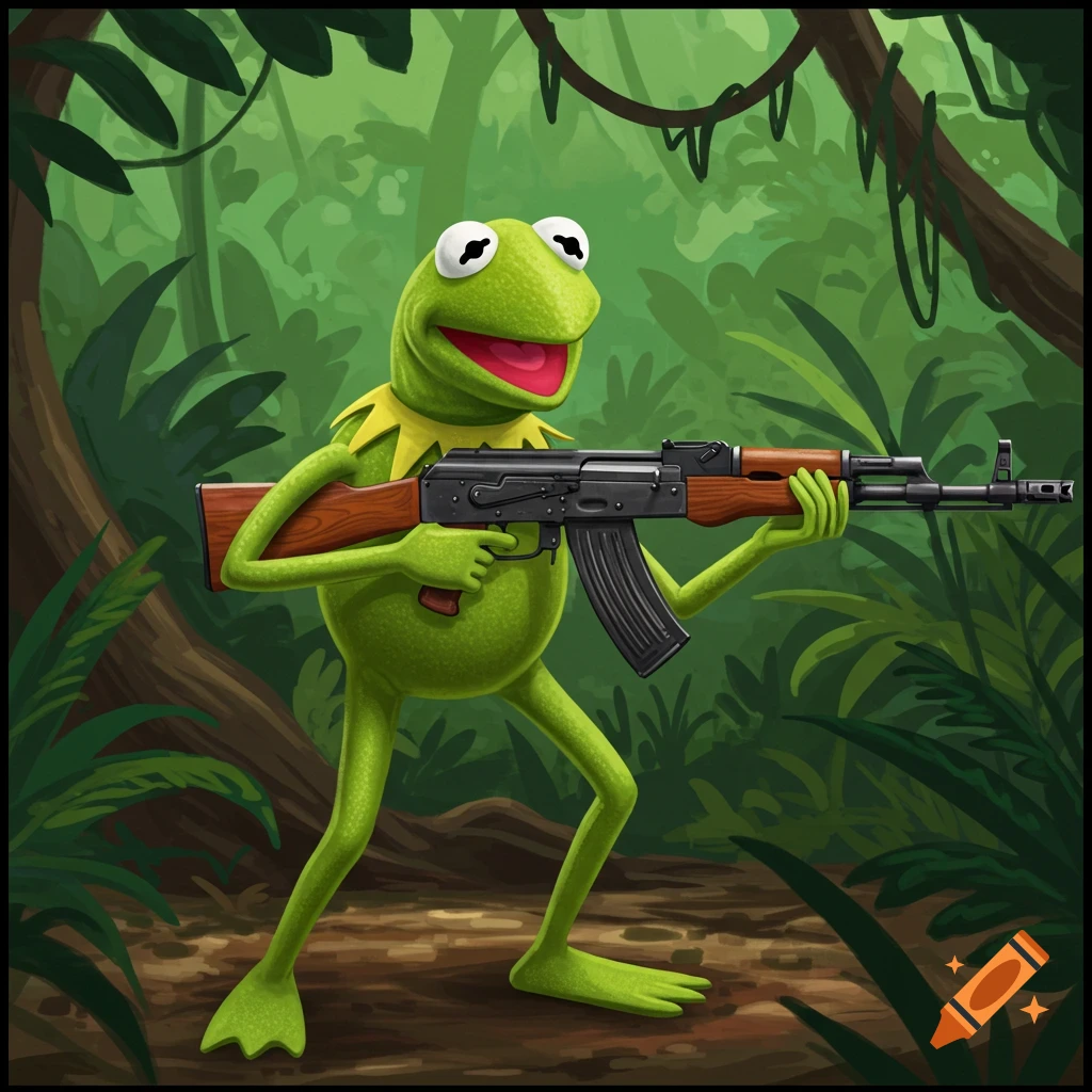 Kermit the Frog holding an AK-74 rifle in a jungle.
