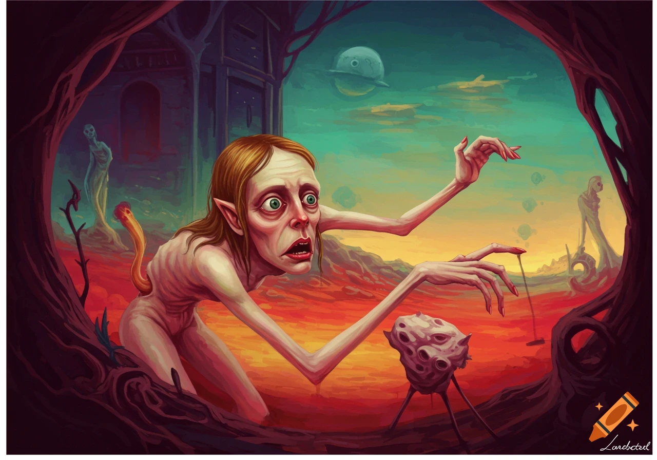 Surreal image of a grotesque, gaunt creature with large eyes and elongated limbs in a bizarre landscape.