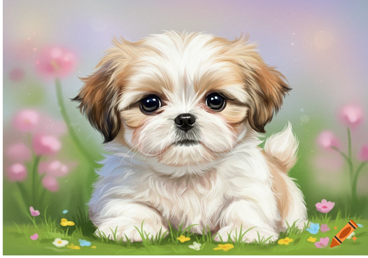 A cute Shih Tzu puppy sits in a field of flowers.