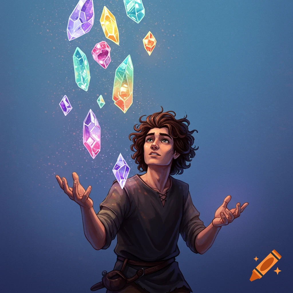 A young man looks up at colorful crystals floating around him.