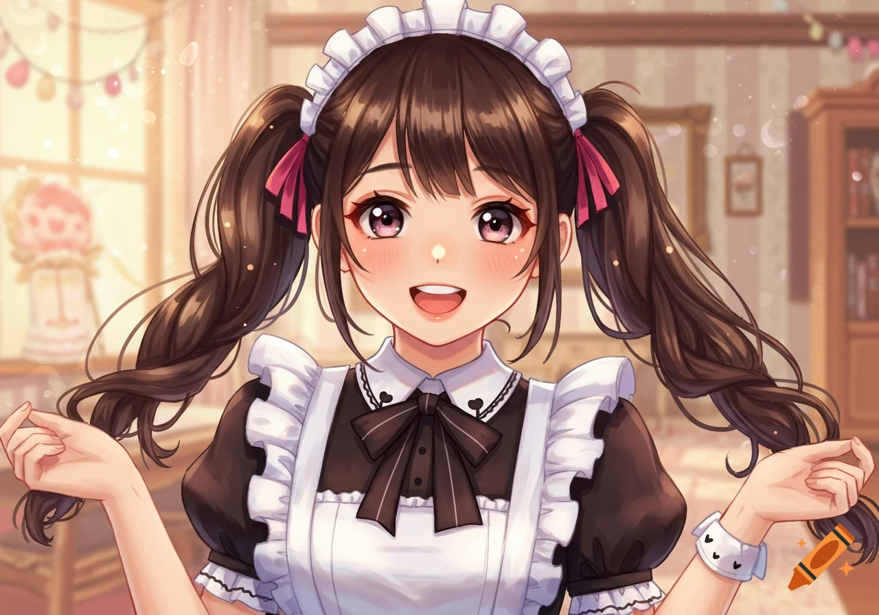 An anime girl with brown pigtails and pink ribbons, wearing a maid dress and smiling warmly.