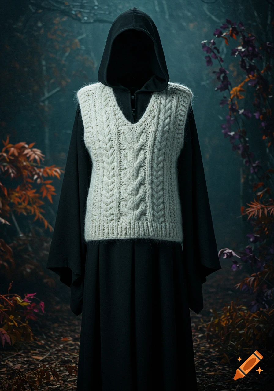 Figure in a black robe and white knitted vest stands in a dark forest.