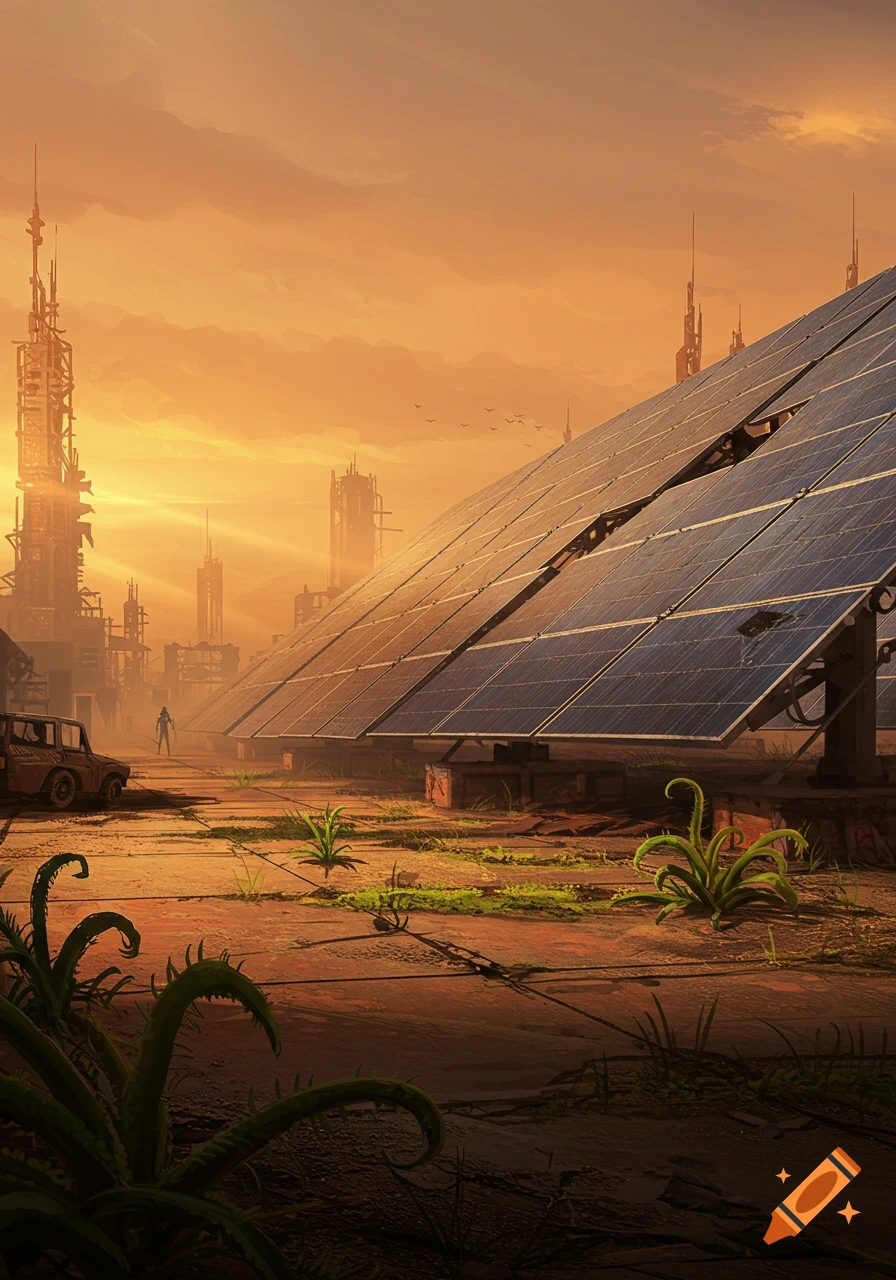 Large solar panels stand in a post-apocalyptic landscape with a futuristic city at sunset.