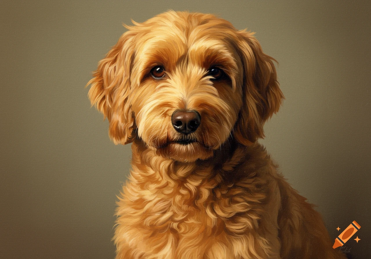 A close-up portrait painting of a golden Labradoodle dog.