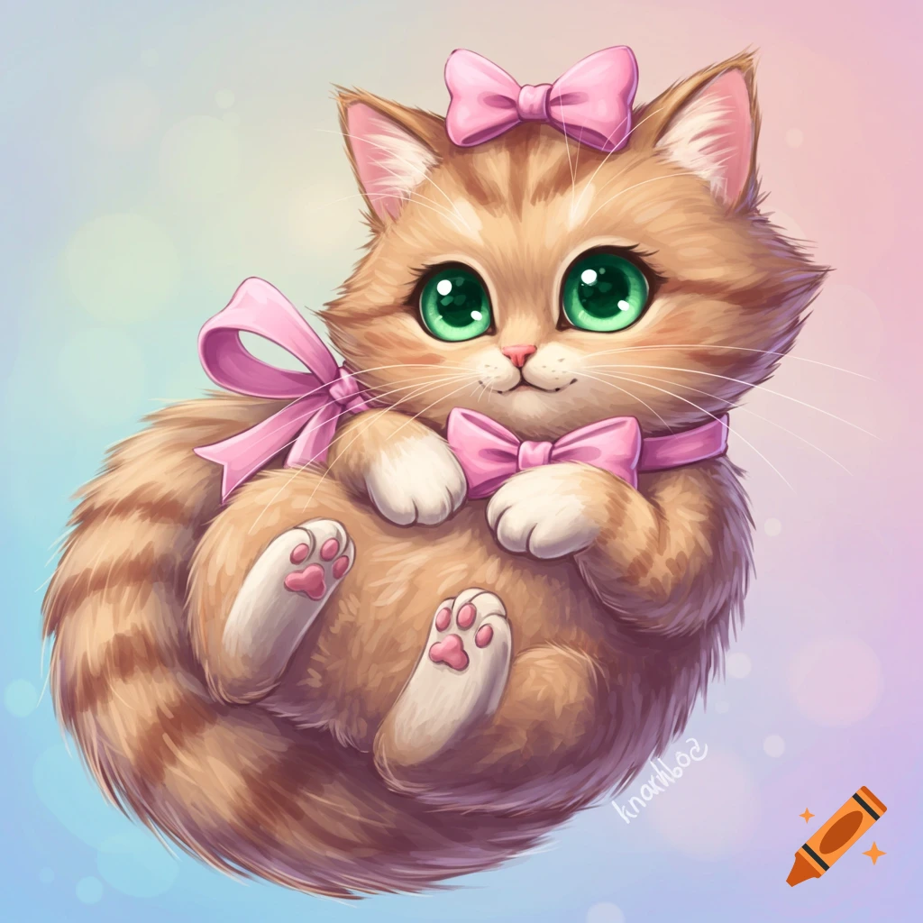 A cute, cartoonish orange tabby kitten with big green eyes and pink bows, curled up against a pastel background.