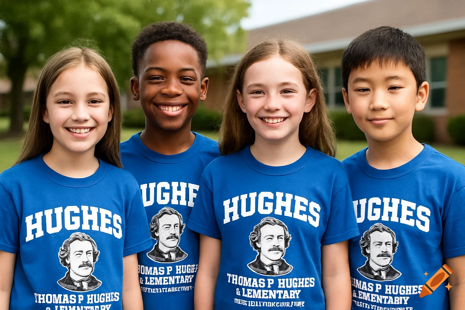 Four smiling children in blue school shirts outdoors
