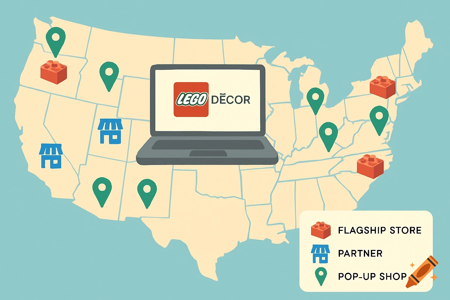 Illustration of a map of the US showing LEGO Decor store locations (flagship, partner, pop-up shops) with corresponding icons and a laptop representing online sales.
