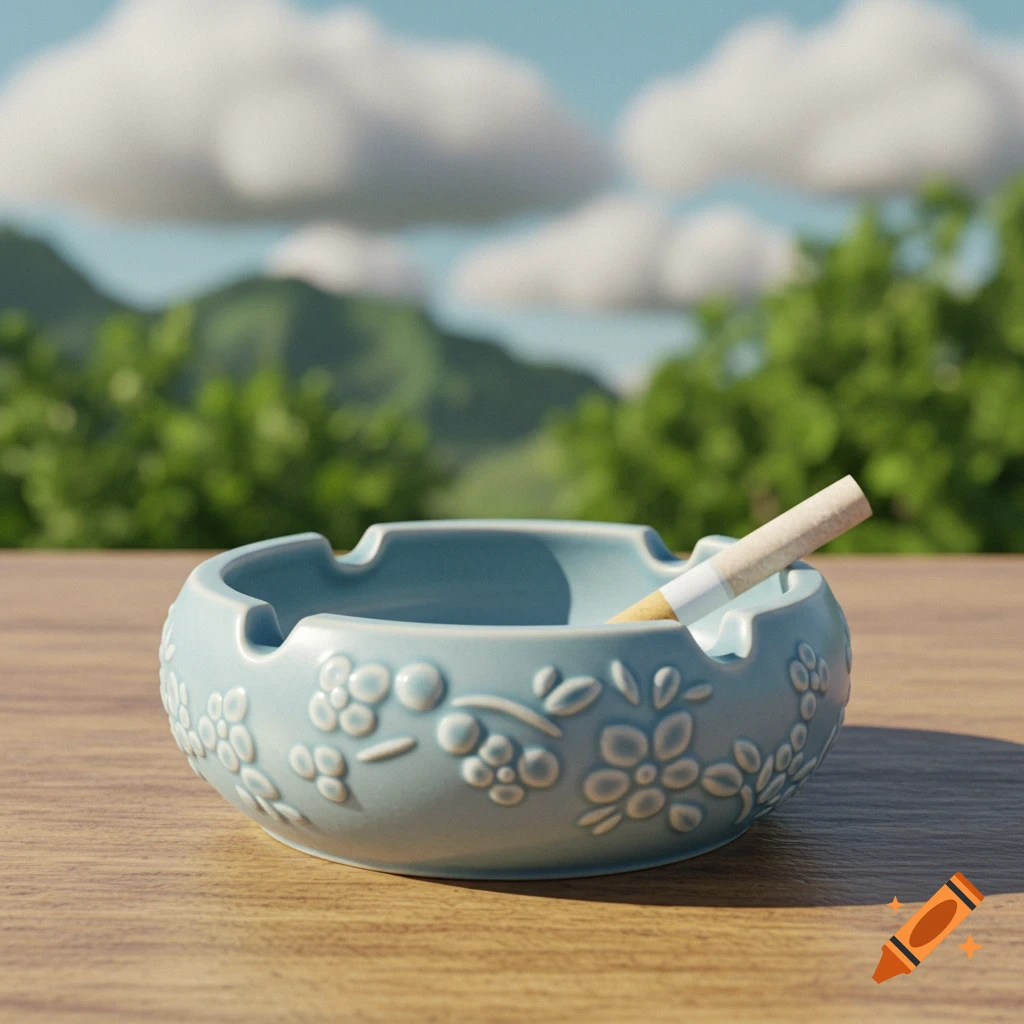 An ashtray with a cigarette on a wooden table outdoors, in Studio Ghibli art style.