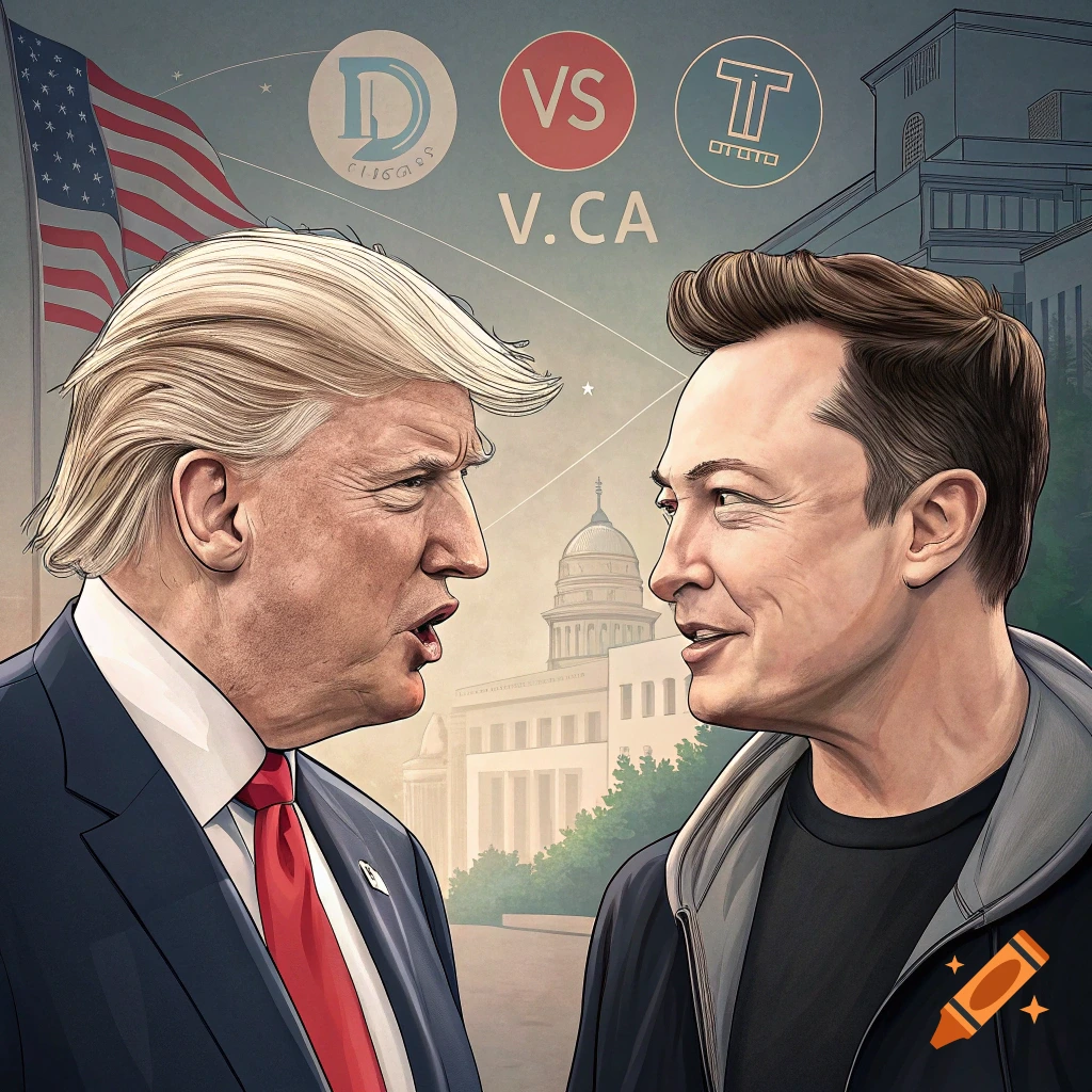 Illustration of Donald Trump and Elon Musk facing off, with American flag, Capitol building, and logos.