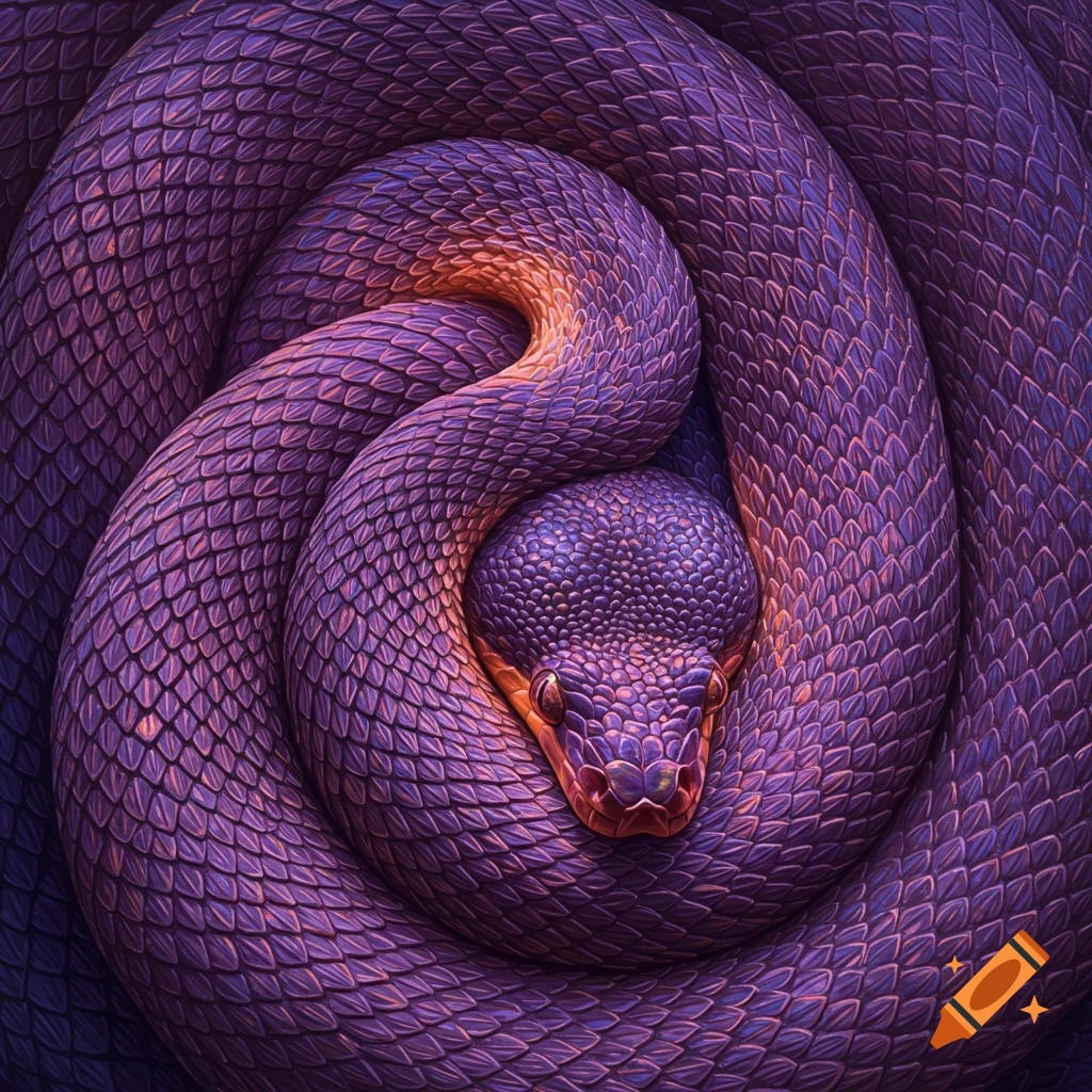 A close-up of a purple snake coiled