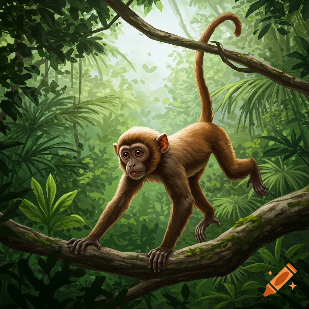 A brown monkey climbs on a mossy branch in a bright green jungle