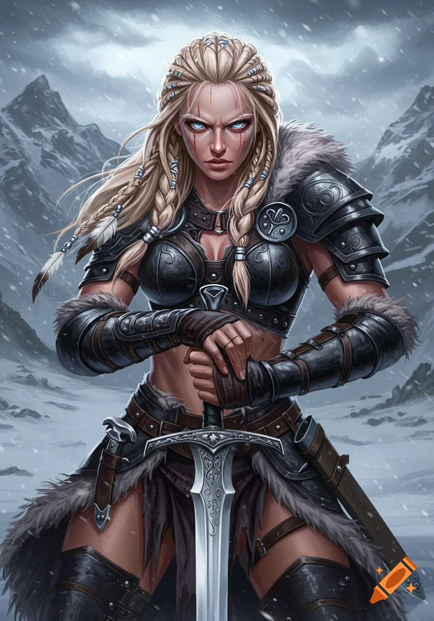 A blonde woman warrior in dark armor holds a sword in snowy mountains.