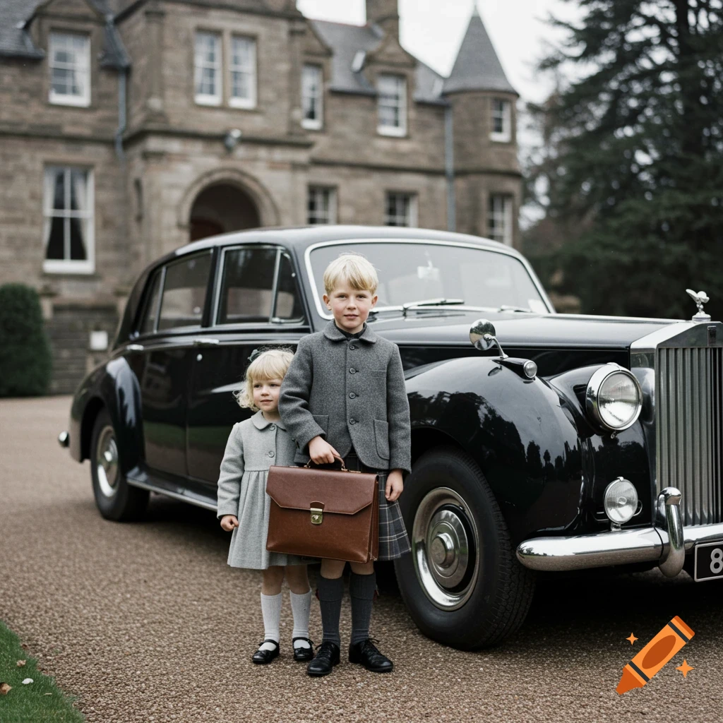Two children stand in front of a vintage black car at a stately home.
