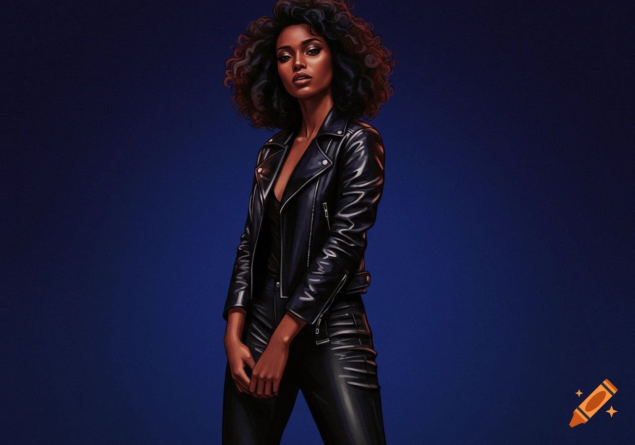 A woman with curly hair wears a black leather jacket and pants against a blue background.