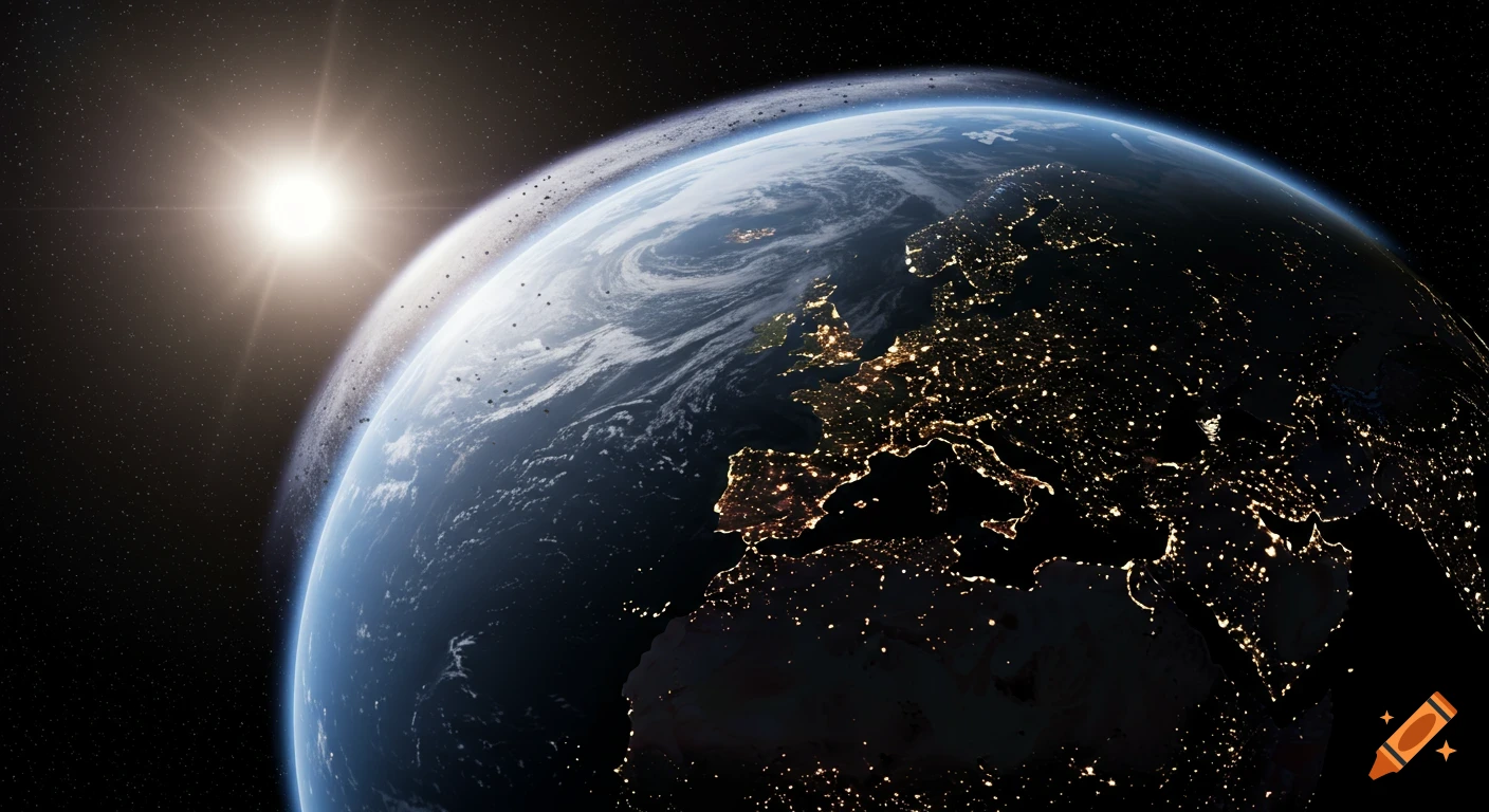 View of Earth from space at night, showing city lights on continents and a sun flare with a particle layer.
