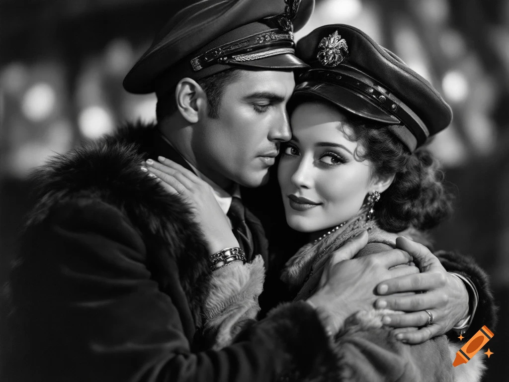 Black and white portrait of a man and woman in military-style coats embracing