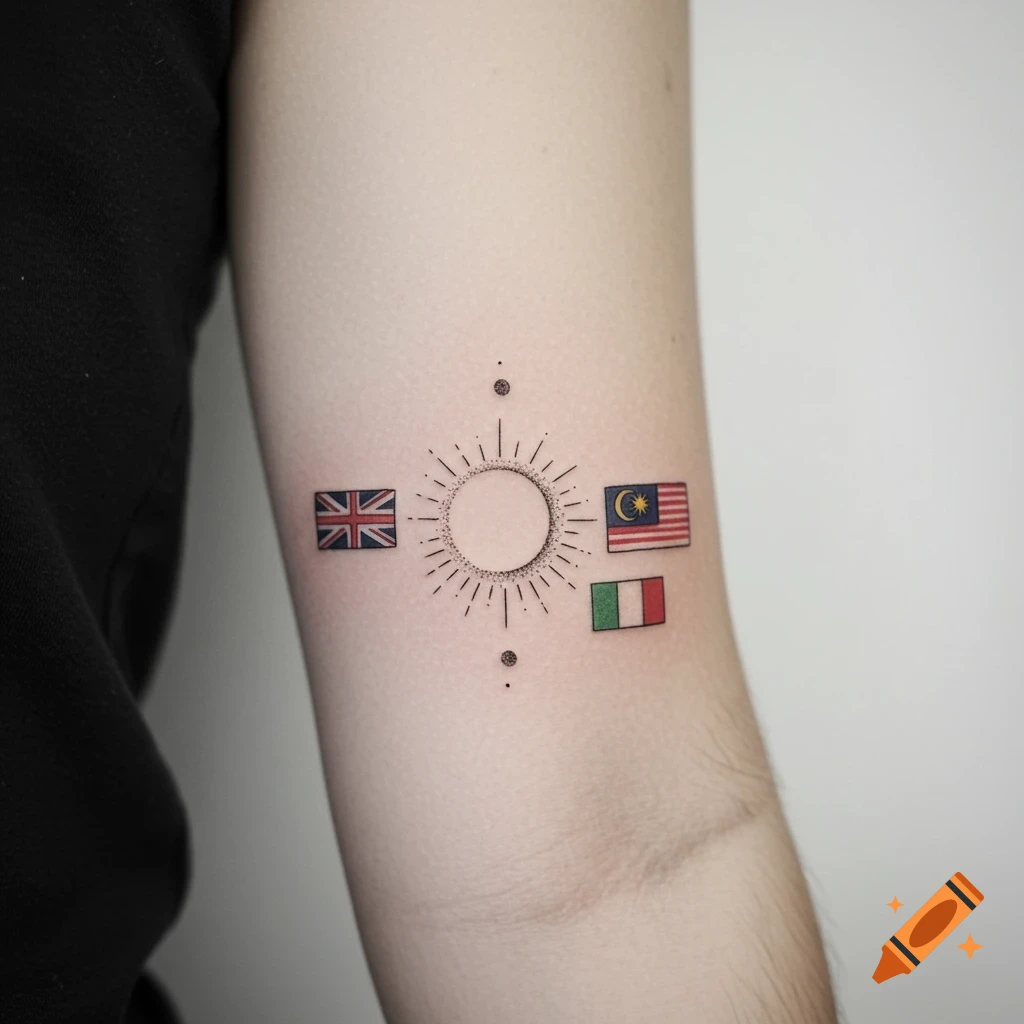 Minimalist tattoo of a sun or eclipse with flags of the UK, Malaysia, and Italy on an arm.