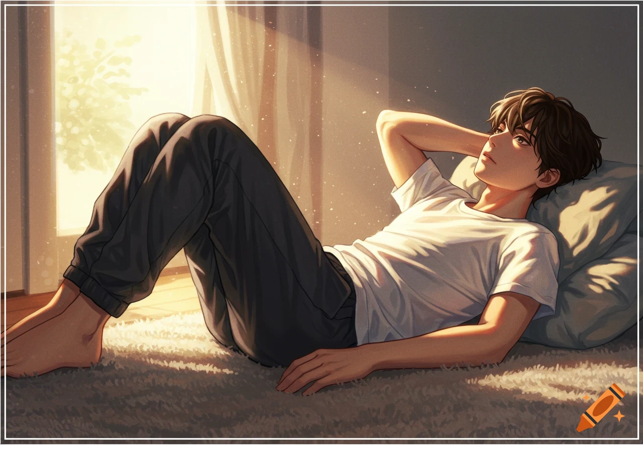 Anime illustration of a young man lying on a rug by a sunny window.