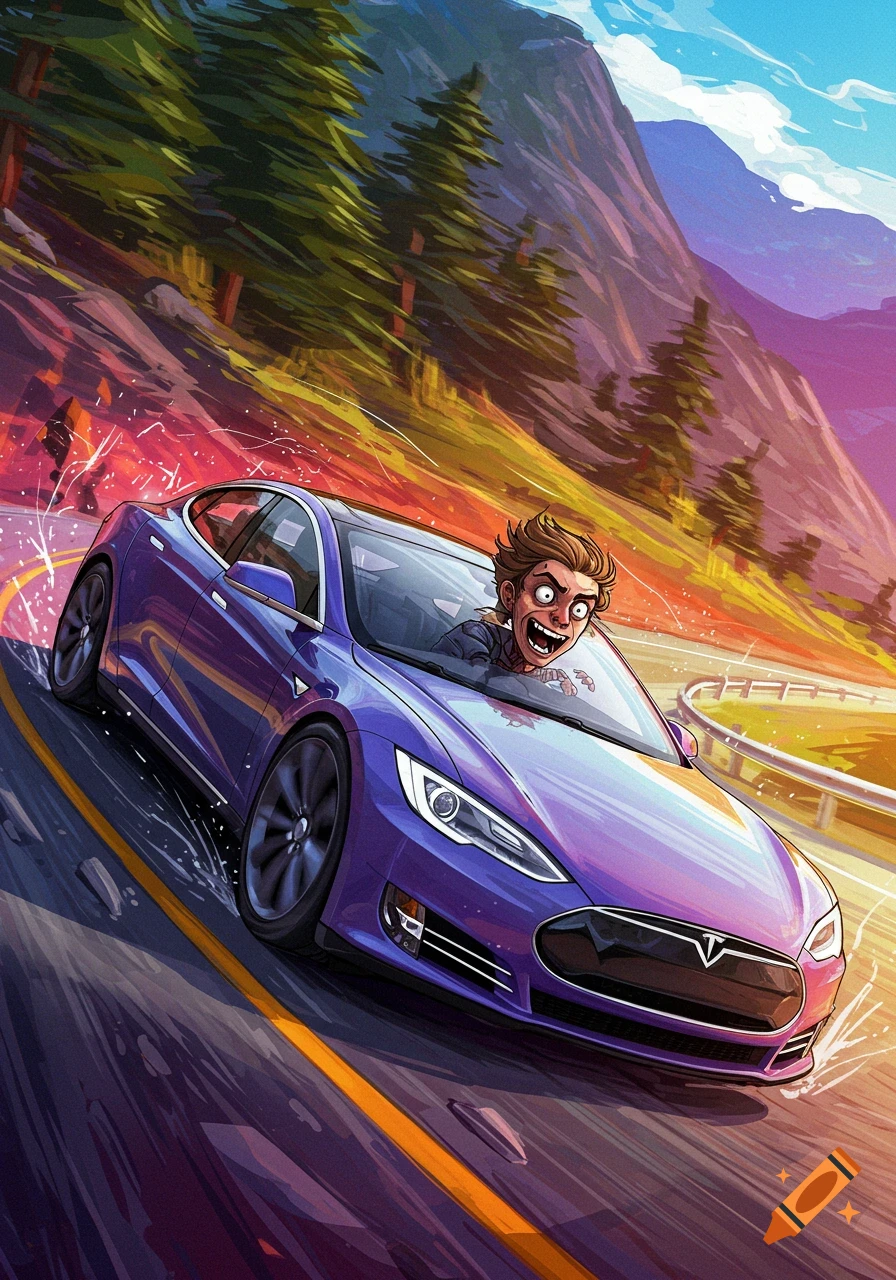 Cartoon person driving a purple Tesla erratically on a mountain road