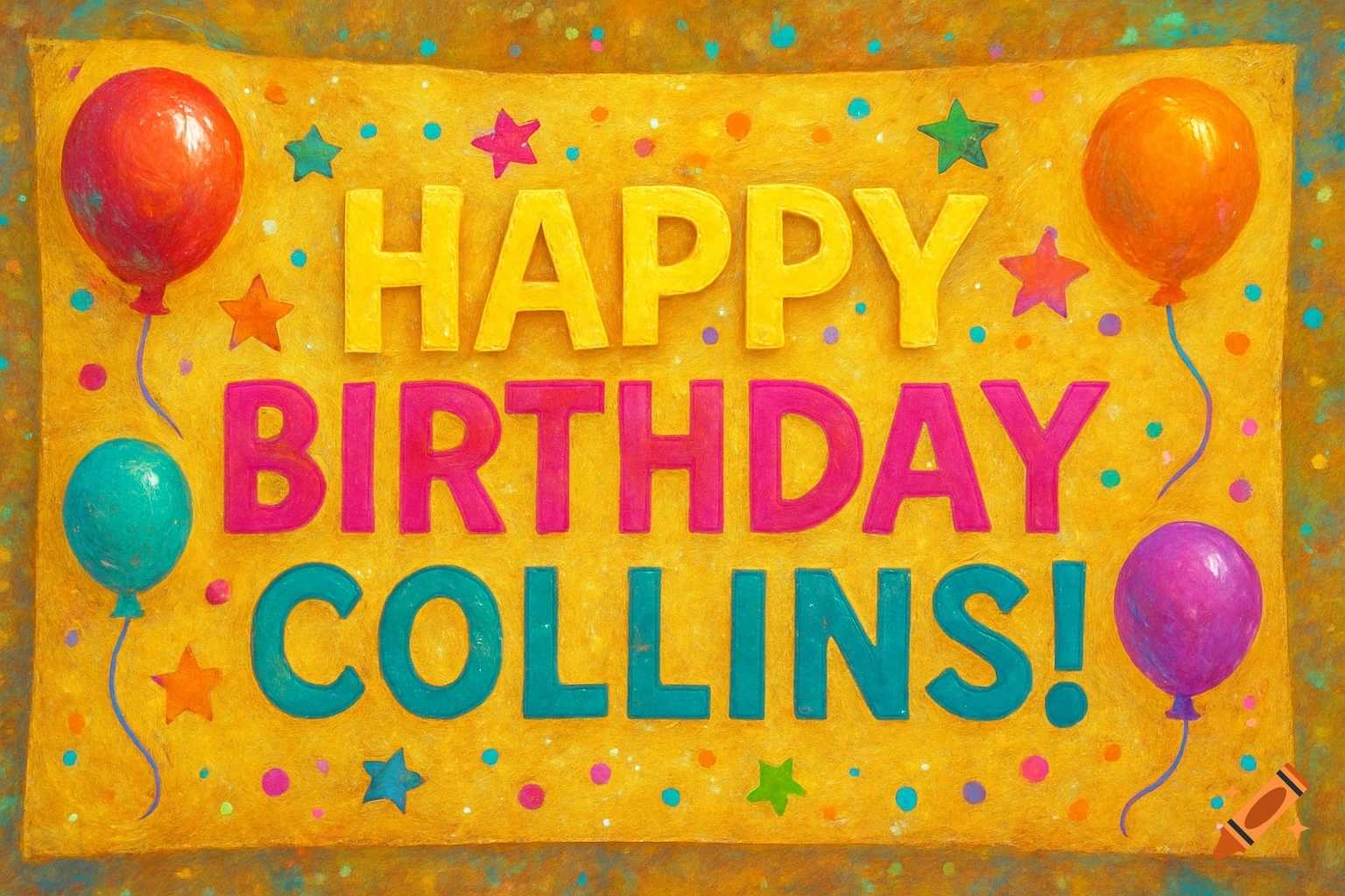 Bright, textured banner with 'HAPPY BIRTHDAY COLLINS!' text, balloons, stars, and confetti.