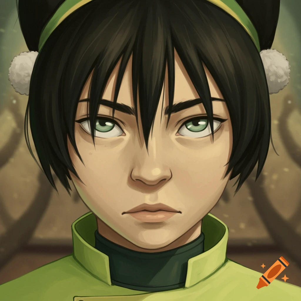 Close-up illustration of Toph Beifong from Avatar: The Last Airbender, looking determined.