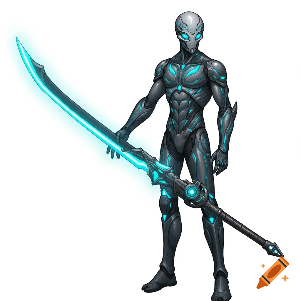 A futuristic alien character in grey armor holds a glowing blue energy sword on a white background.