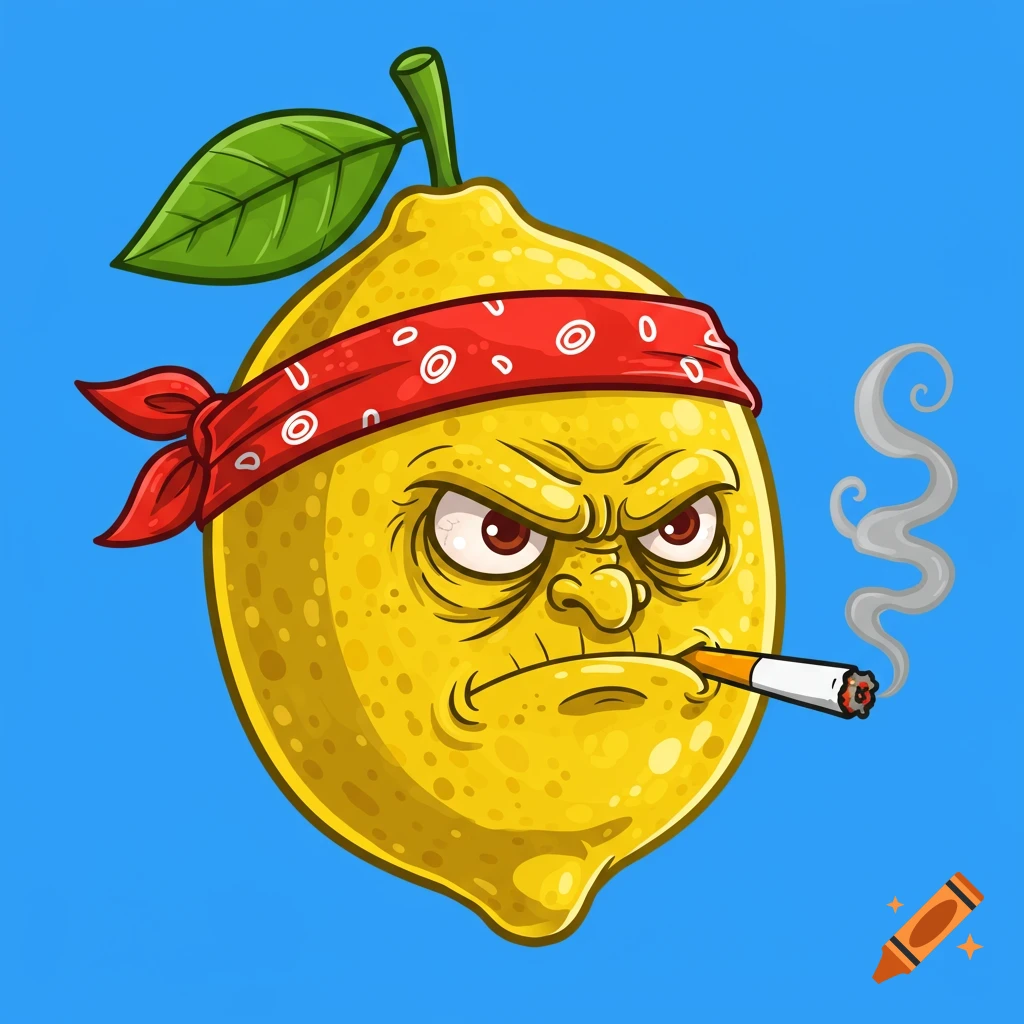 Cartoon angry lemon with a red bandana smoking a cigarette