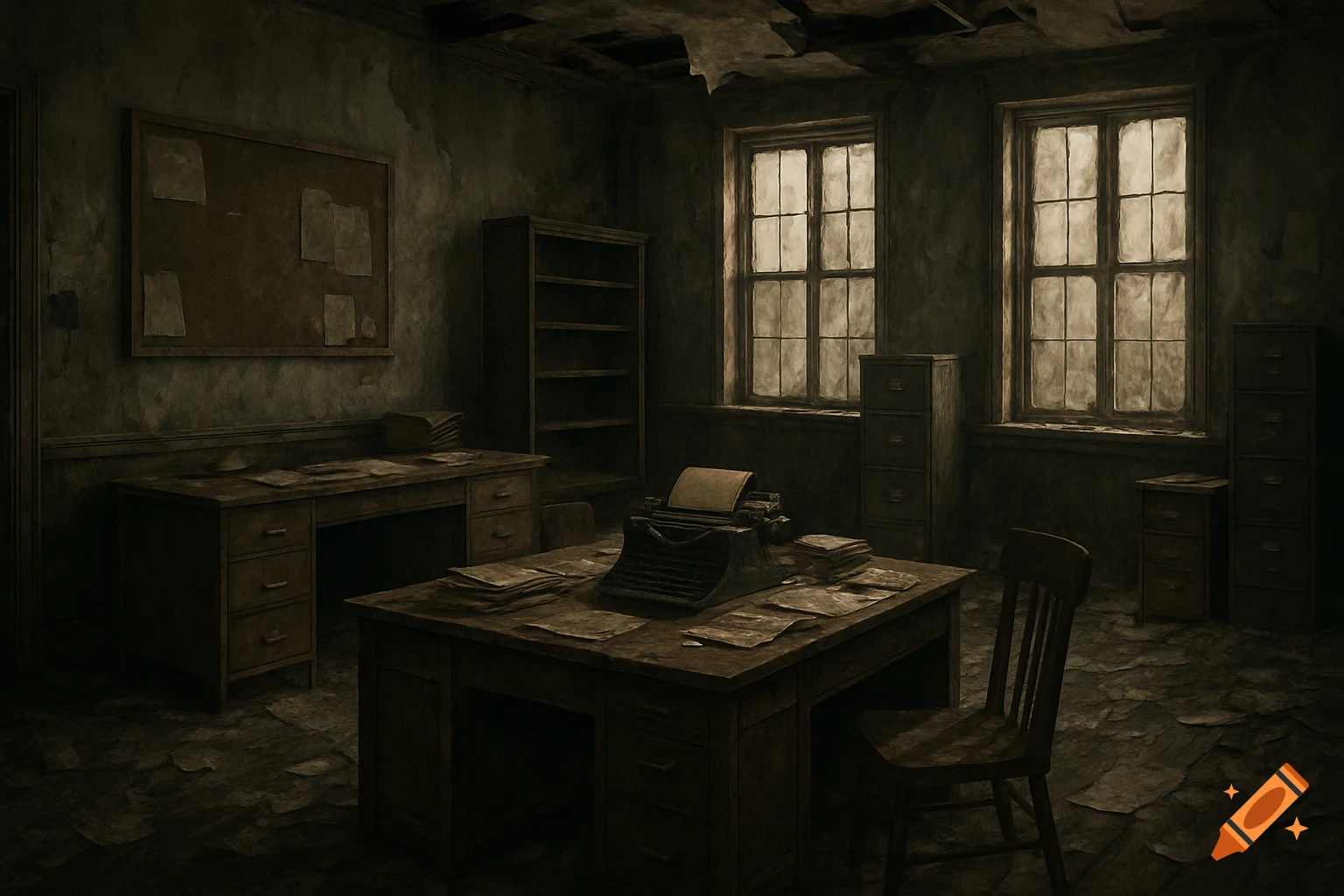 A dark image of an abandoned vintage office with desks, a typewriter, and scattered papers.