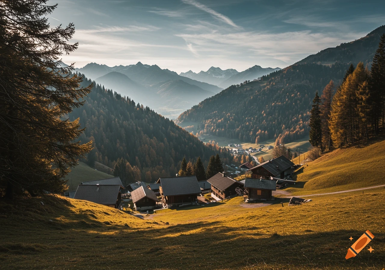 A view of a small village nestled in an autumn mountain valley, with the sun casting long shadows.