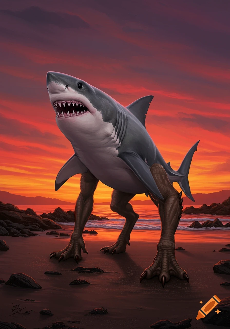 A shark with legs stands on a beach at sunset.