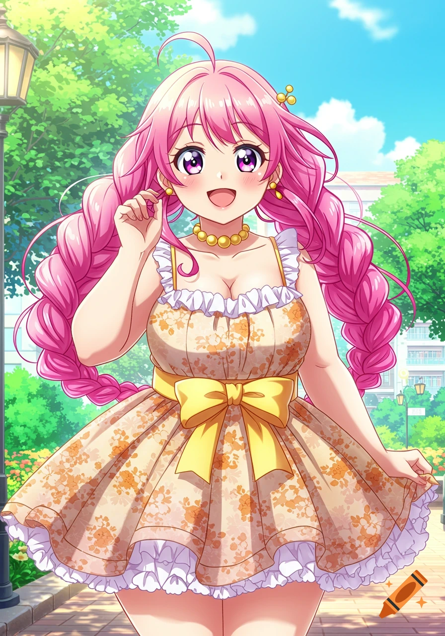 Anime girl with pink pigtails and floral dress in a park