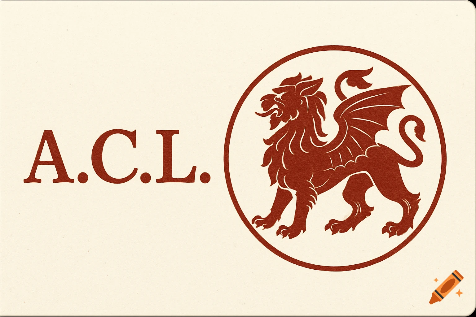 A business card design with the letters A.C.L. next to a round red heraldic manticore illustration on a cream background.