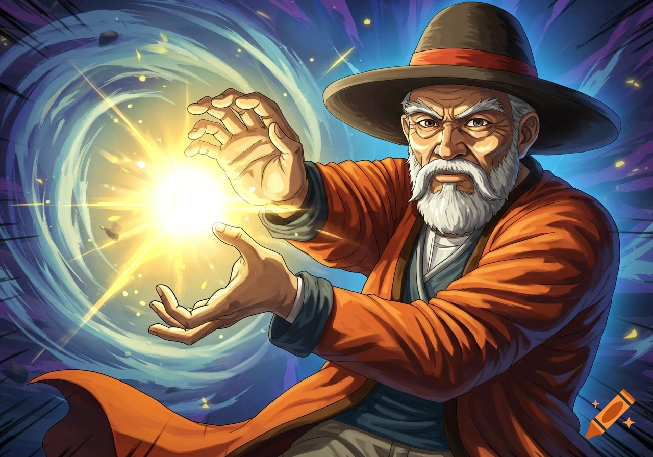 An old man casting a bright energy blast from his hands.