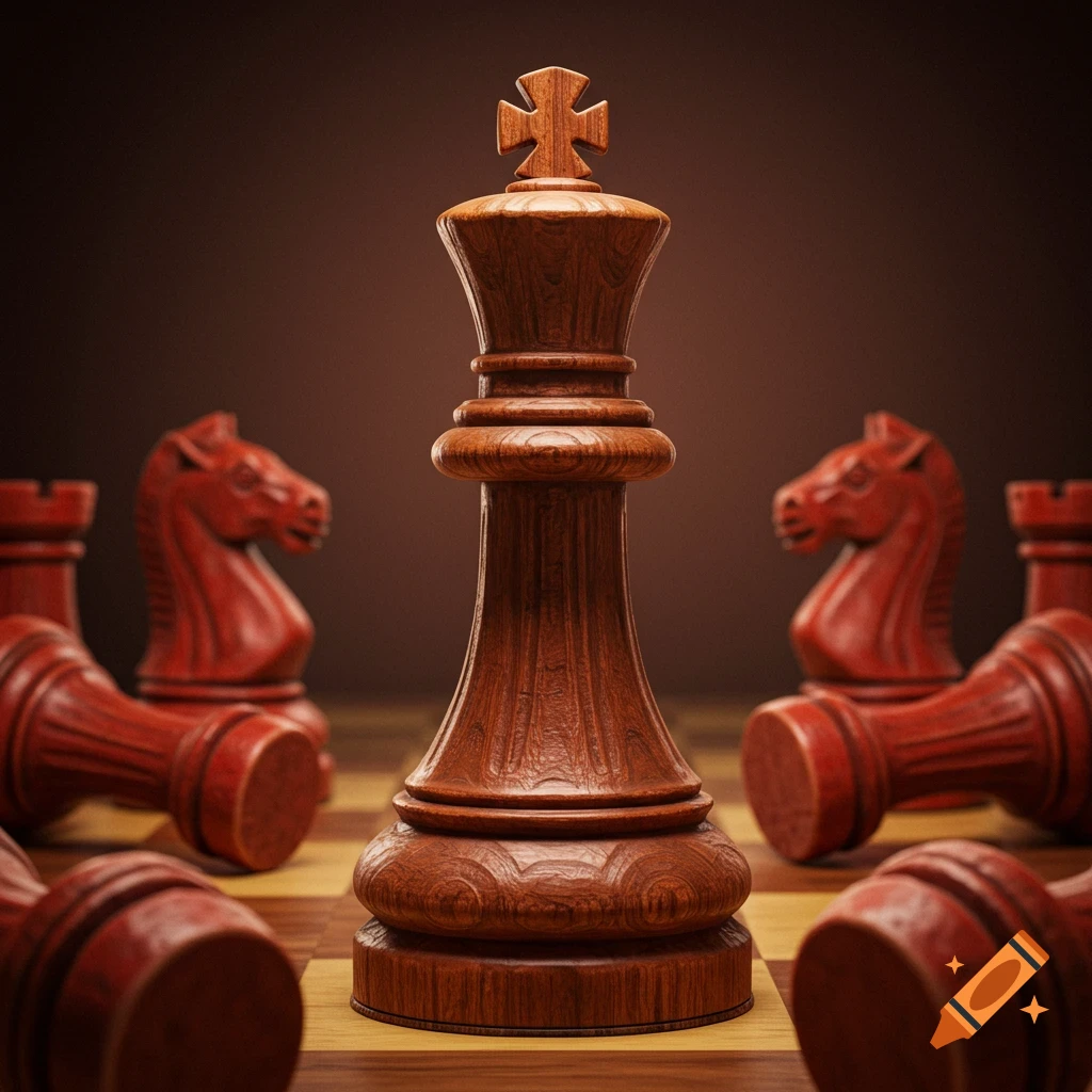 A realistic image of a detailed wooden chess king standing on a board surrounded by fallen red chess pieces.