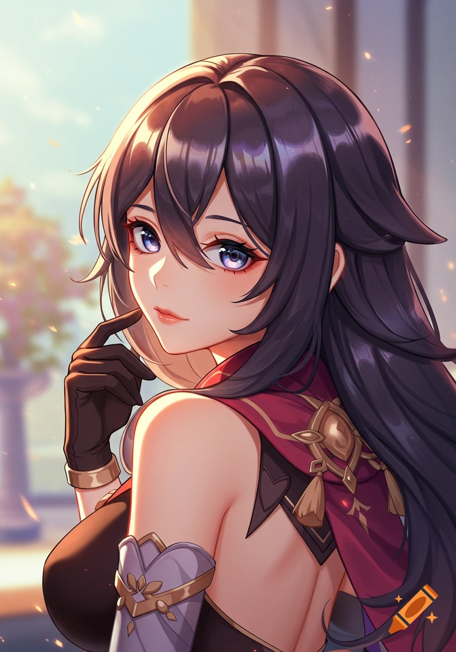 Anime portrait of a woman with dark hair and purple eyes in a red and purple fantasy outfit.