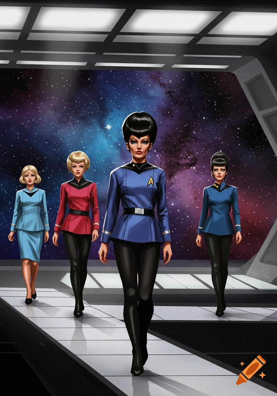 Four women in classic Star Trek uniforms walking down a corridor runway with a view of space.