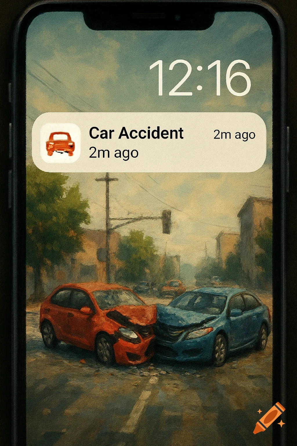 Image on a phone screen shows a 'Car Accident' notification and the time '12:16'.