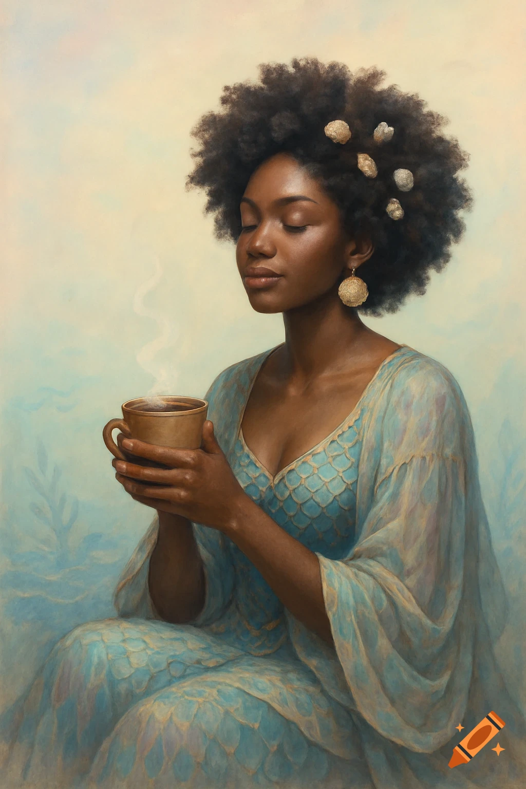 A Black woman with seashells in her afro holding a steaming cup of coffee, wearing a flowing blue dress.