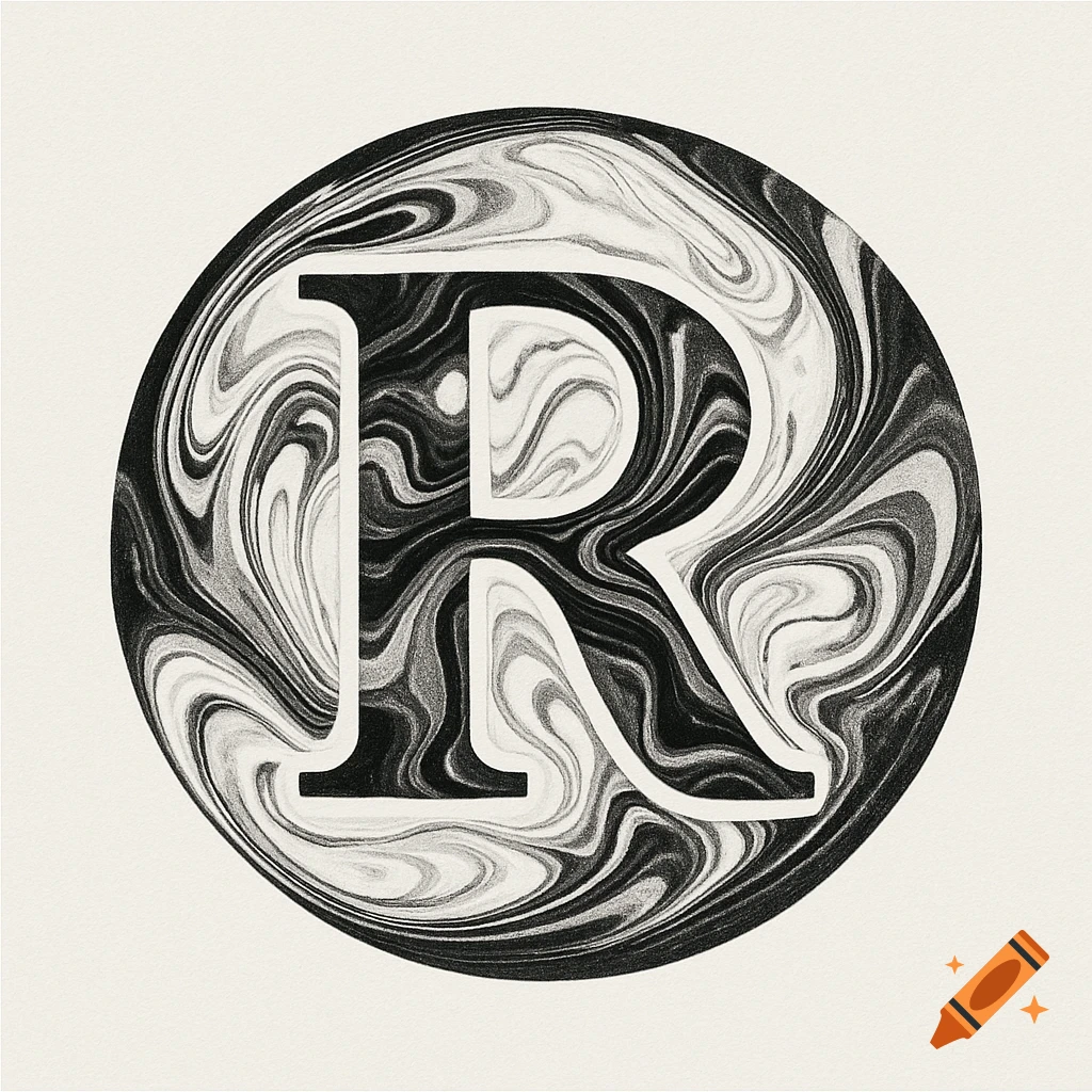 Black and white marble ink pattern forming the letter R inside a circle.