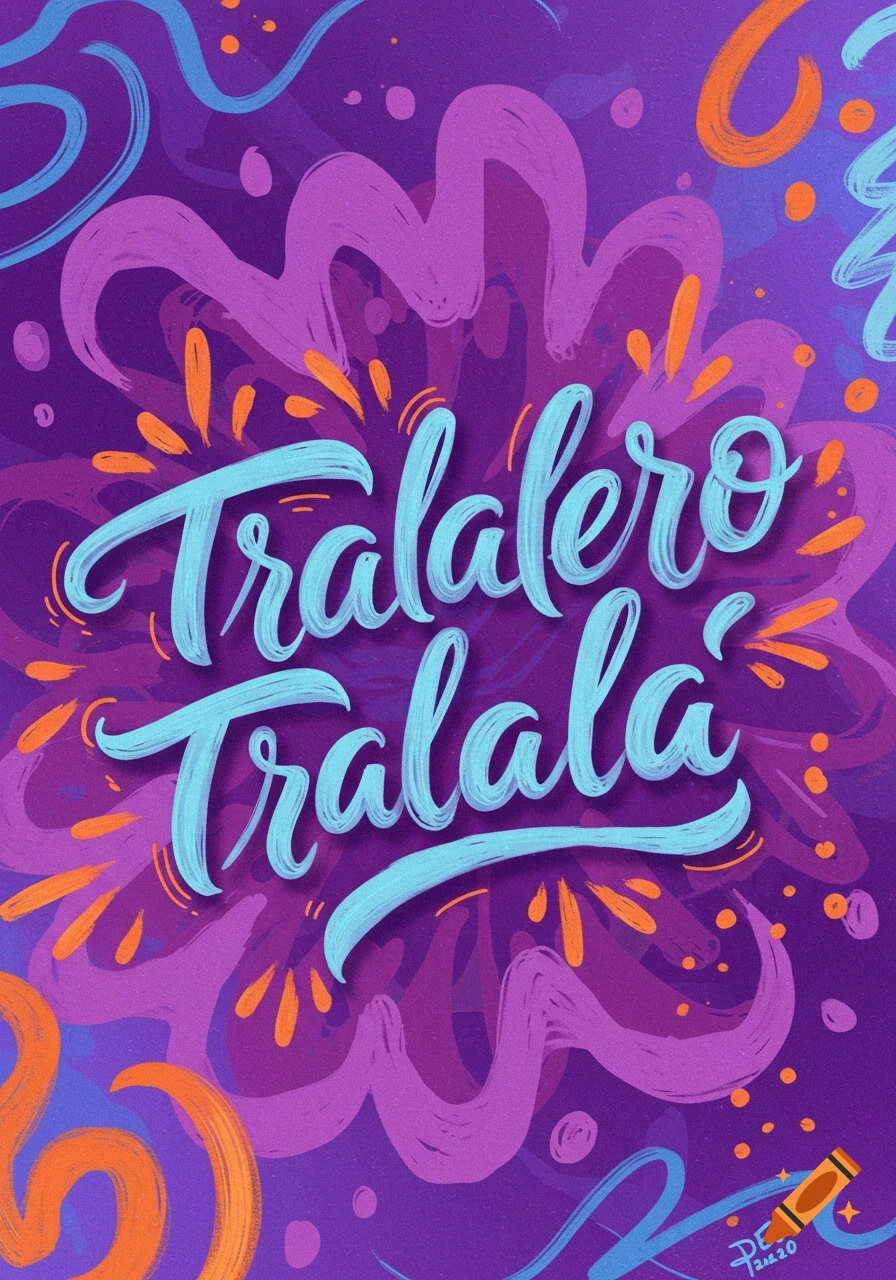 Stylized light blue text "Tralalero Tralalá" on a purple background with pink and orange abstract shapes.
