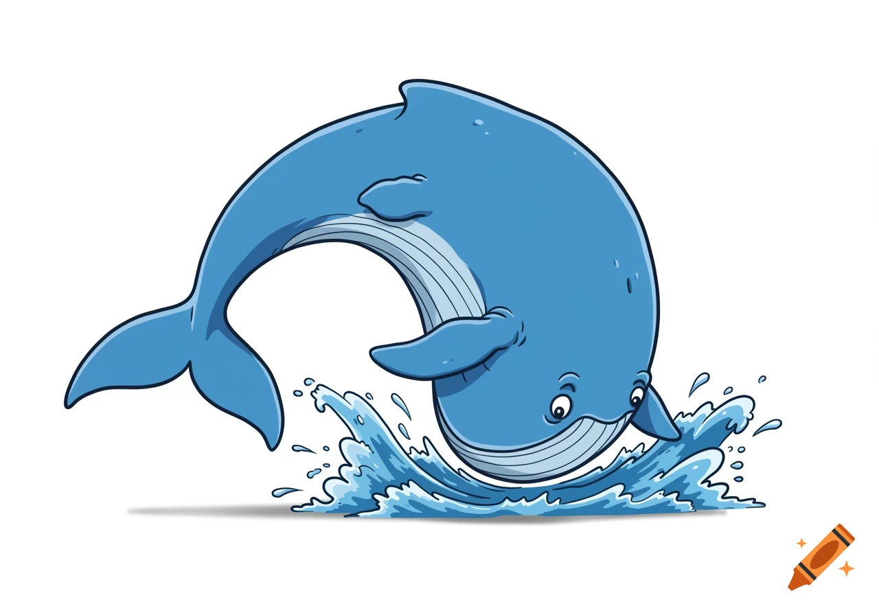 A cartoon blue whale jumps out of the water.