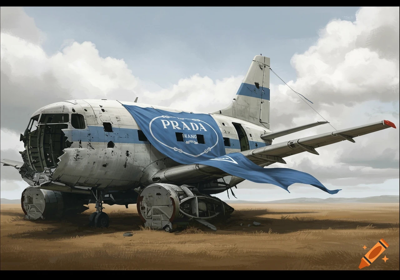 A crashed or abandoned airplane with a large Prada banner on it in a field.