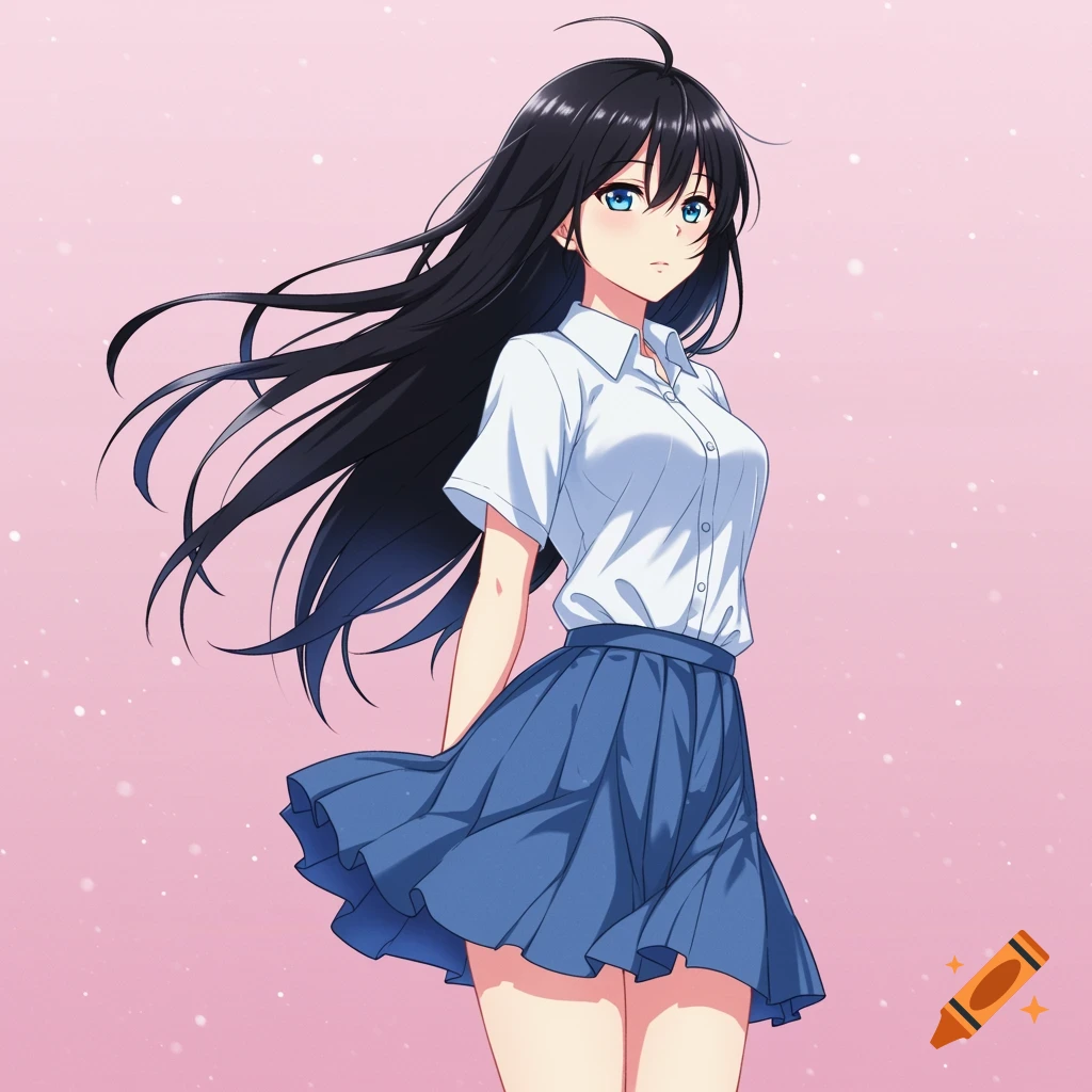 Anime girl with long black hair and blue eyes in a white shirt and blue pleated skirt.