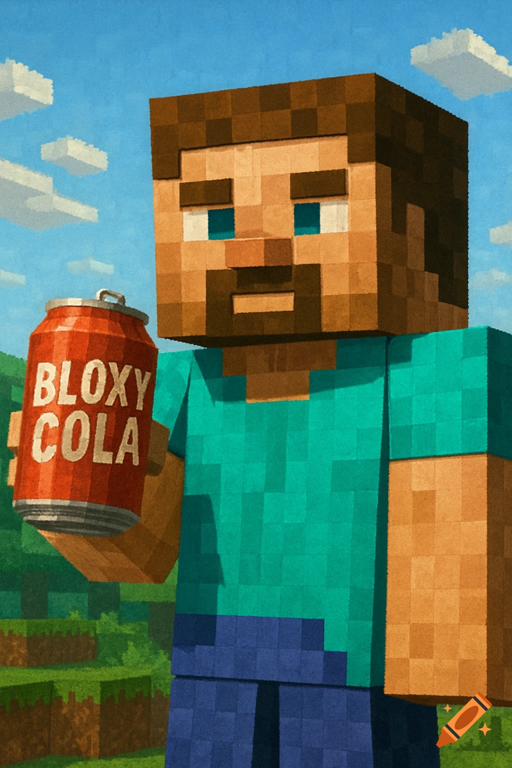 Minecraft Steve is holding a can of Bloxy Cola in a blocky landscape.