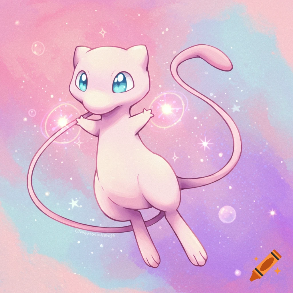 Mew floating against a pastel background with stars