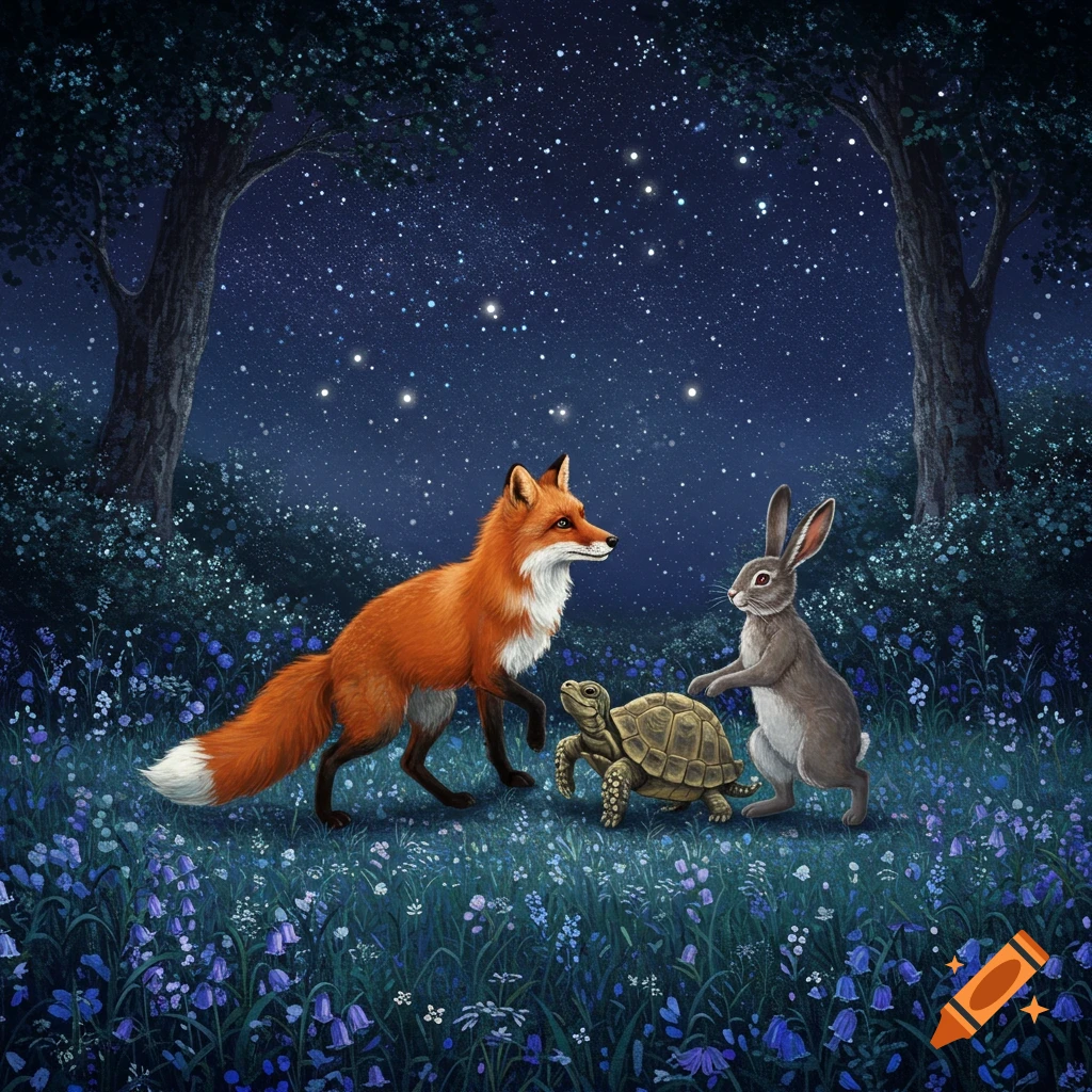 A fox, tortoise, and hare are in a bluebell meadow under a starry night sky.